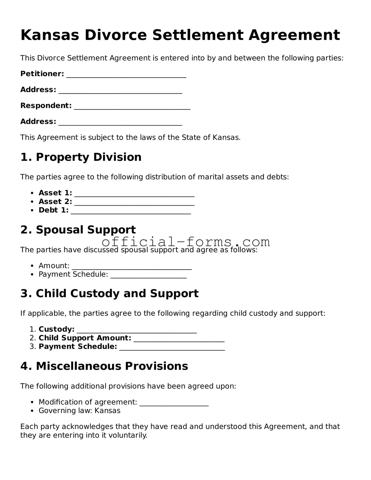 Official Kansas Divorce Settlement Agreement Document