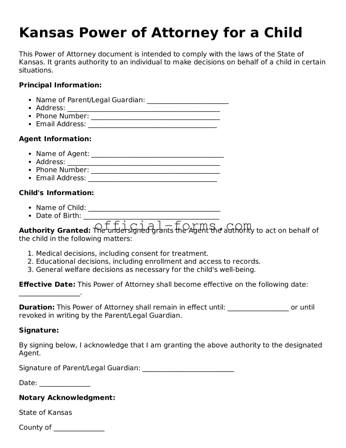 Official Kansas Power of Attorney for a Child Document