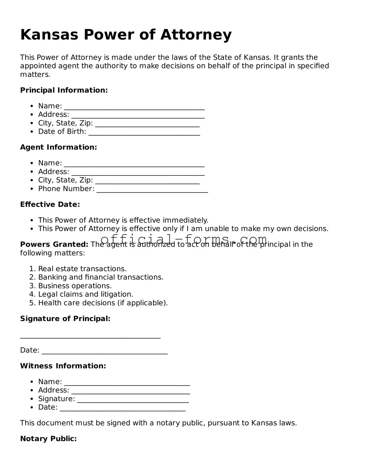 Official Kansas Power of Attorney Document