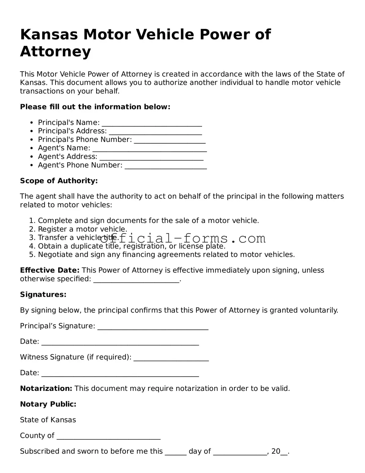 Official Kansas Motor Vehicle Power of Attorney Document