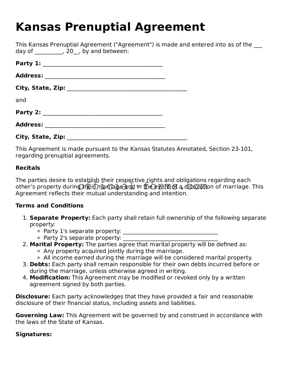 Official Kansas Prenuptial Agreement Document