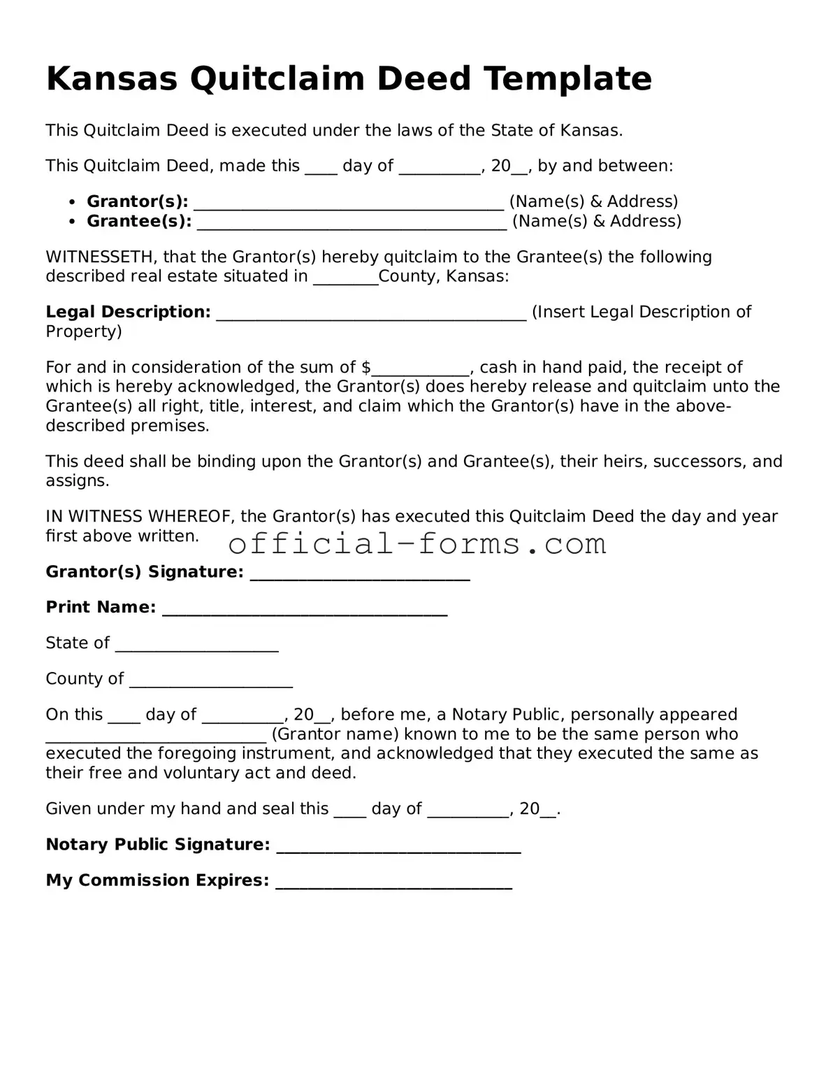 Official Kansas Quitclaim Deed Document