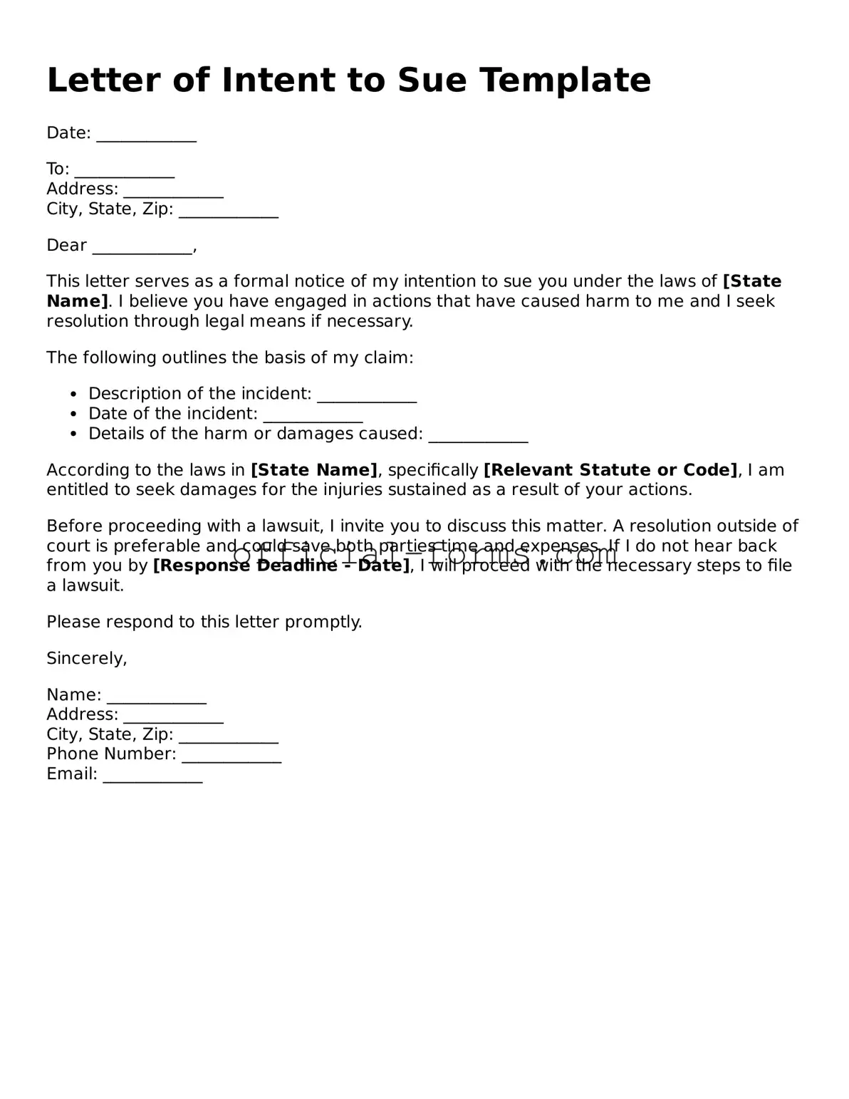 Attorney-Verified Letter of Intent to Sue Template