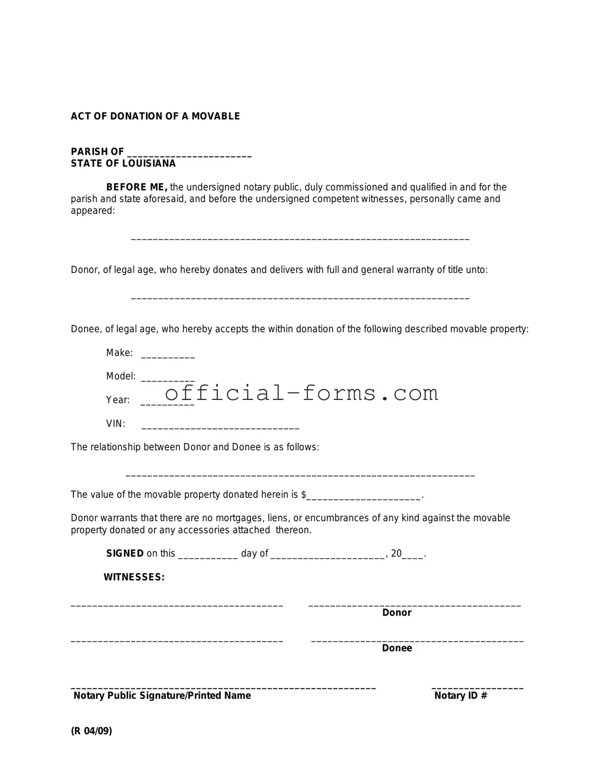Blank Louisiana act of donation Form