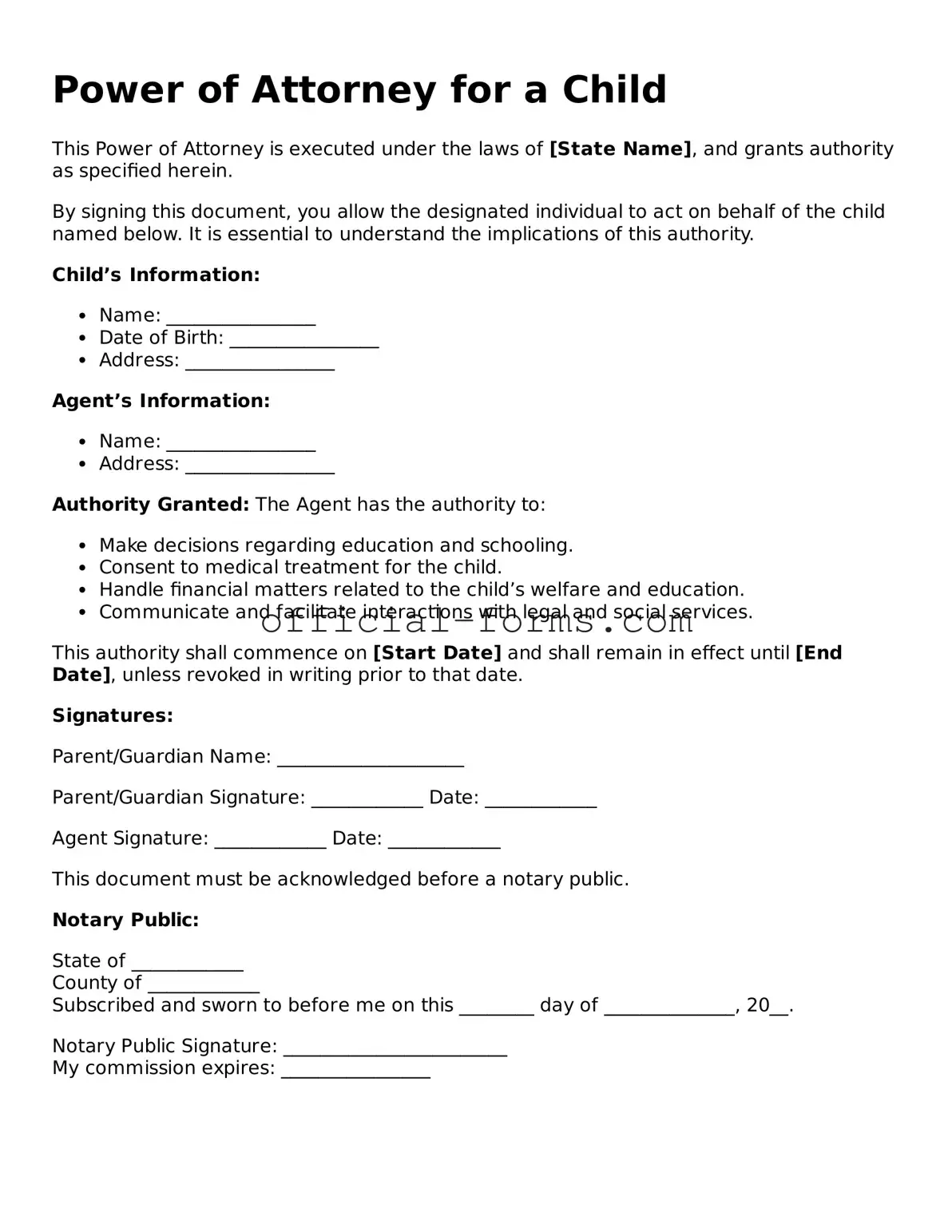 Attorney-Verified Power of Attorney for a Child Template
