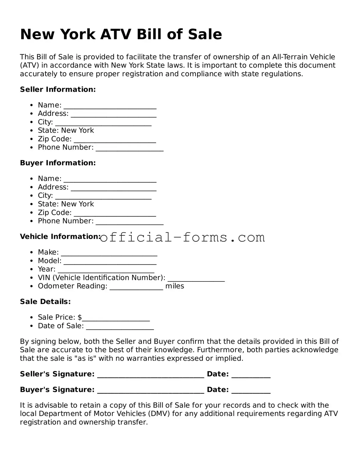 Official New York ATV Bill of Sale Document
