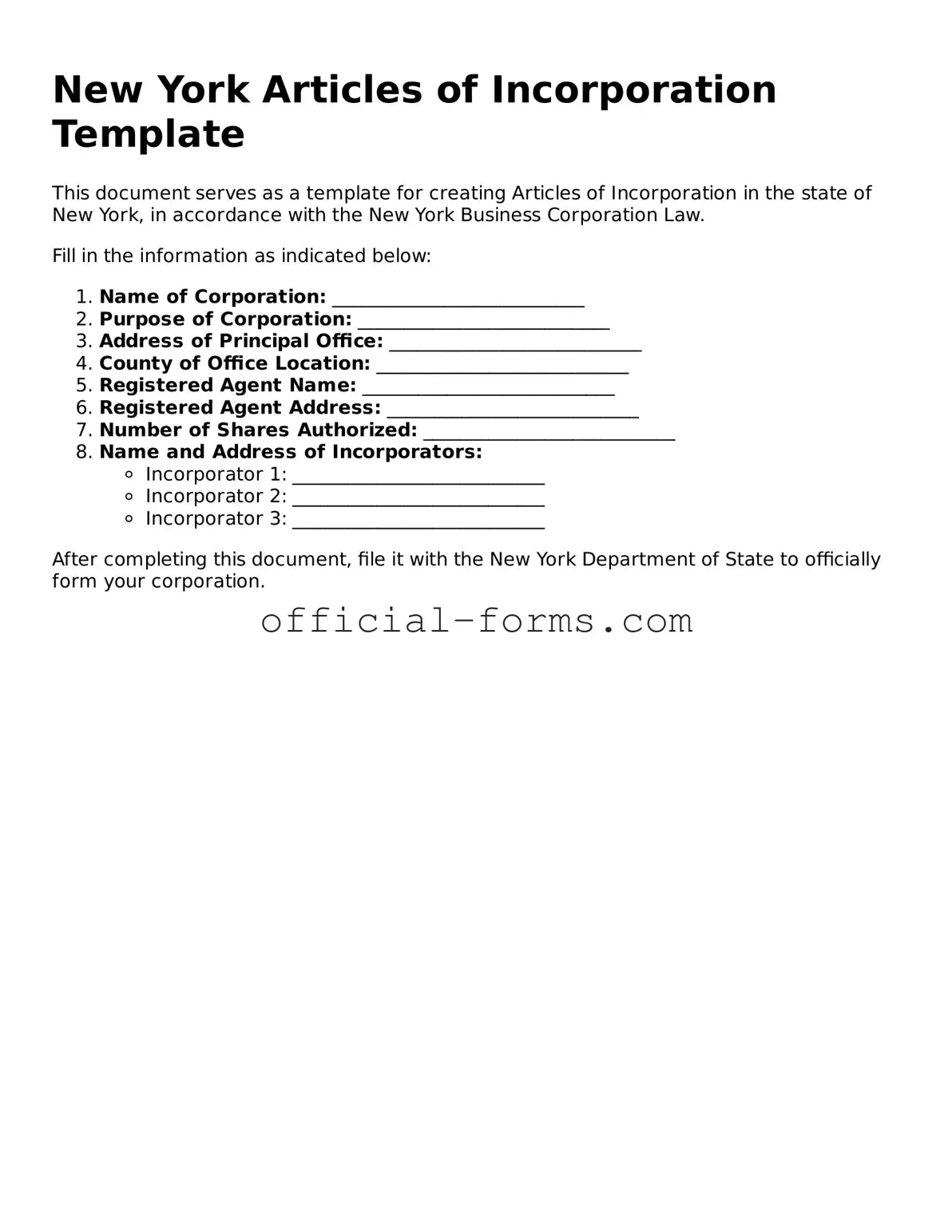 Official New York Articles of Incorporation Document
