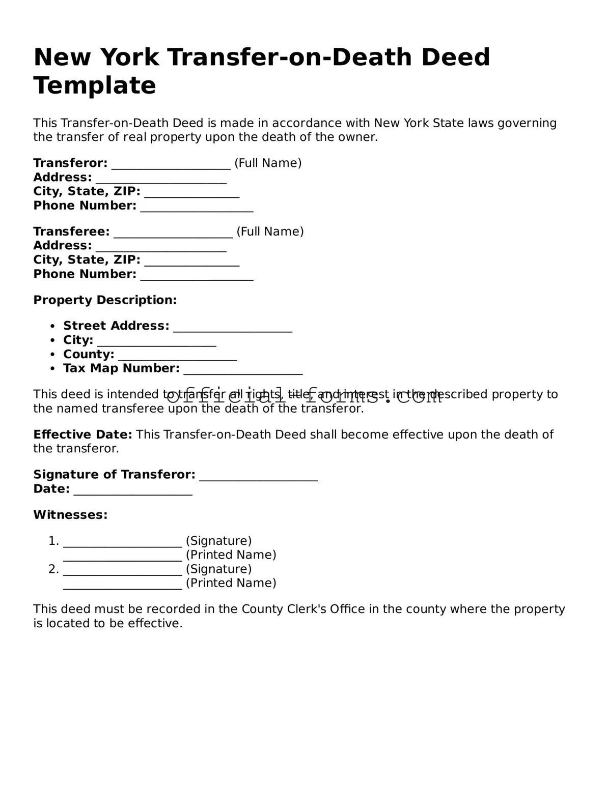 Official New York Transfer-on-Death Deed Document