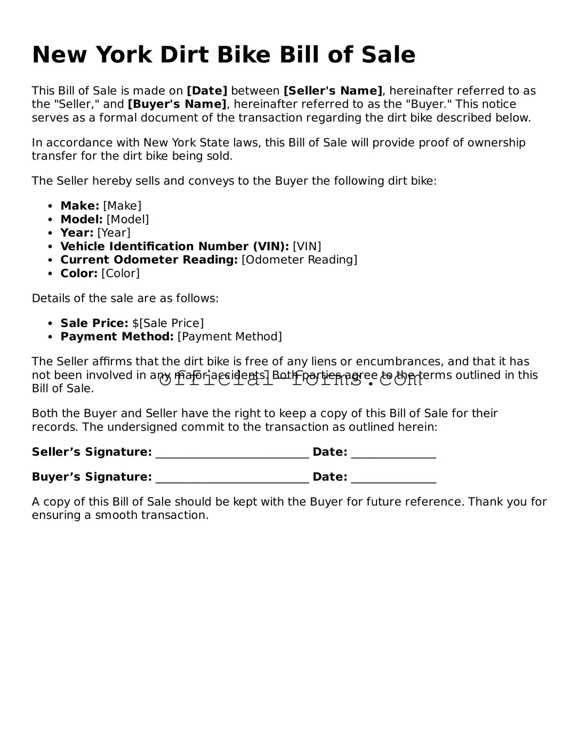 Official New York Dirt Bike Bill of Sale Document