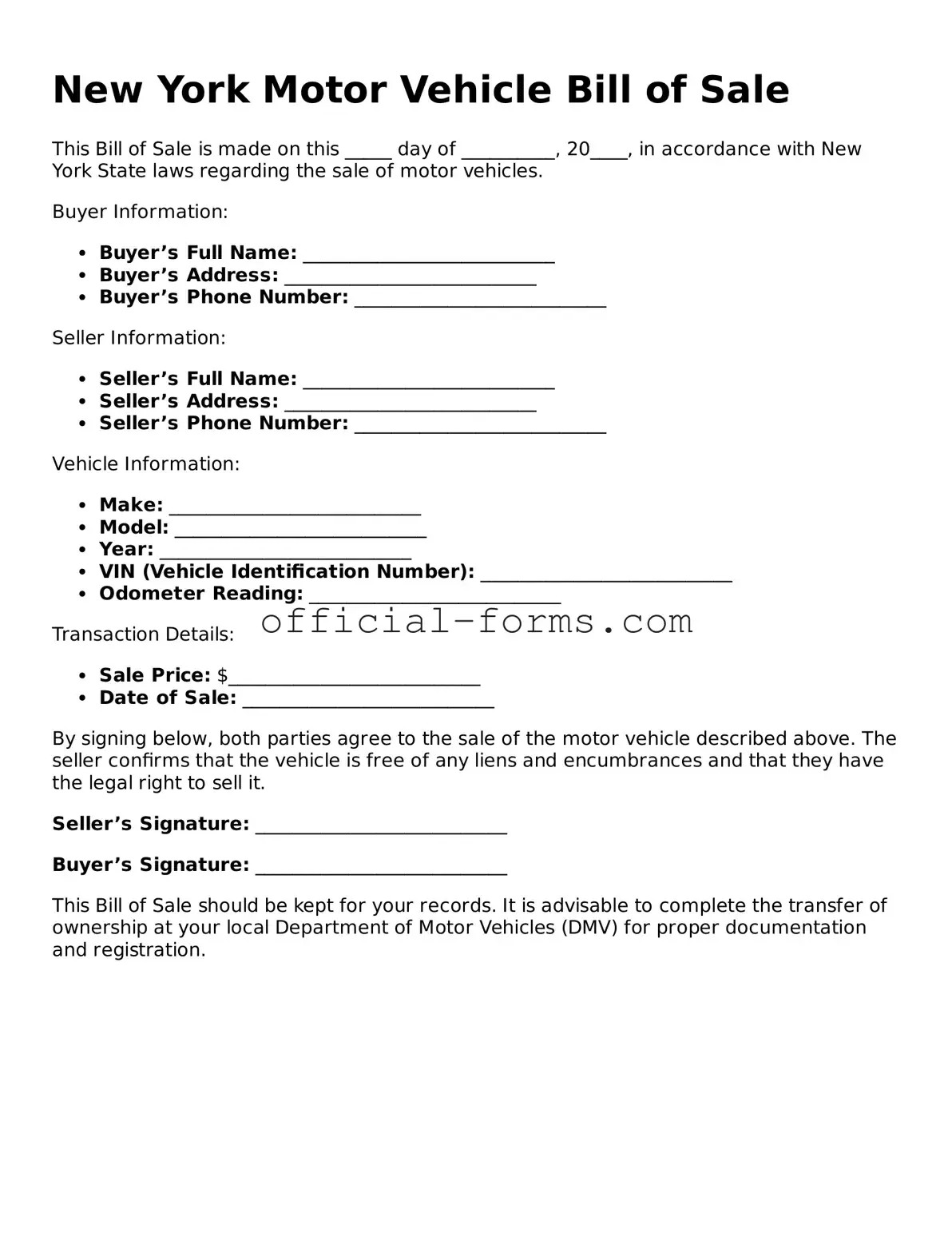 Official New York Motor Vehicle Bill of Sale Document