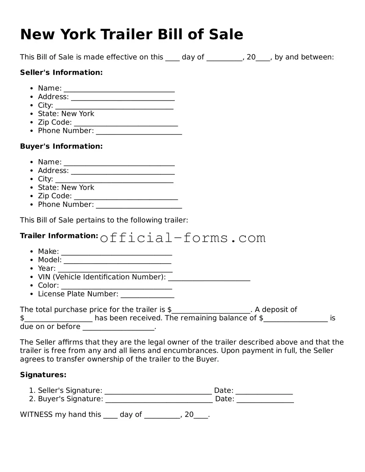 Official New York Trailer Bill of Sale Document