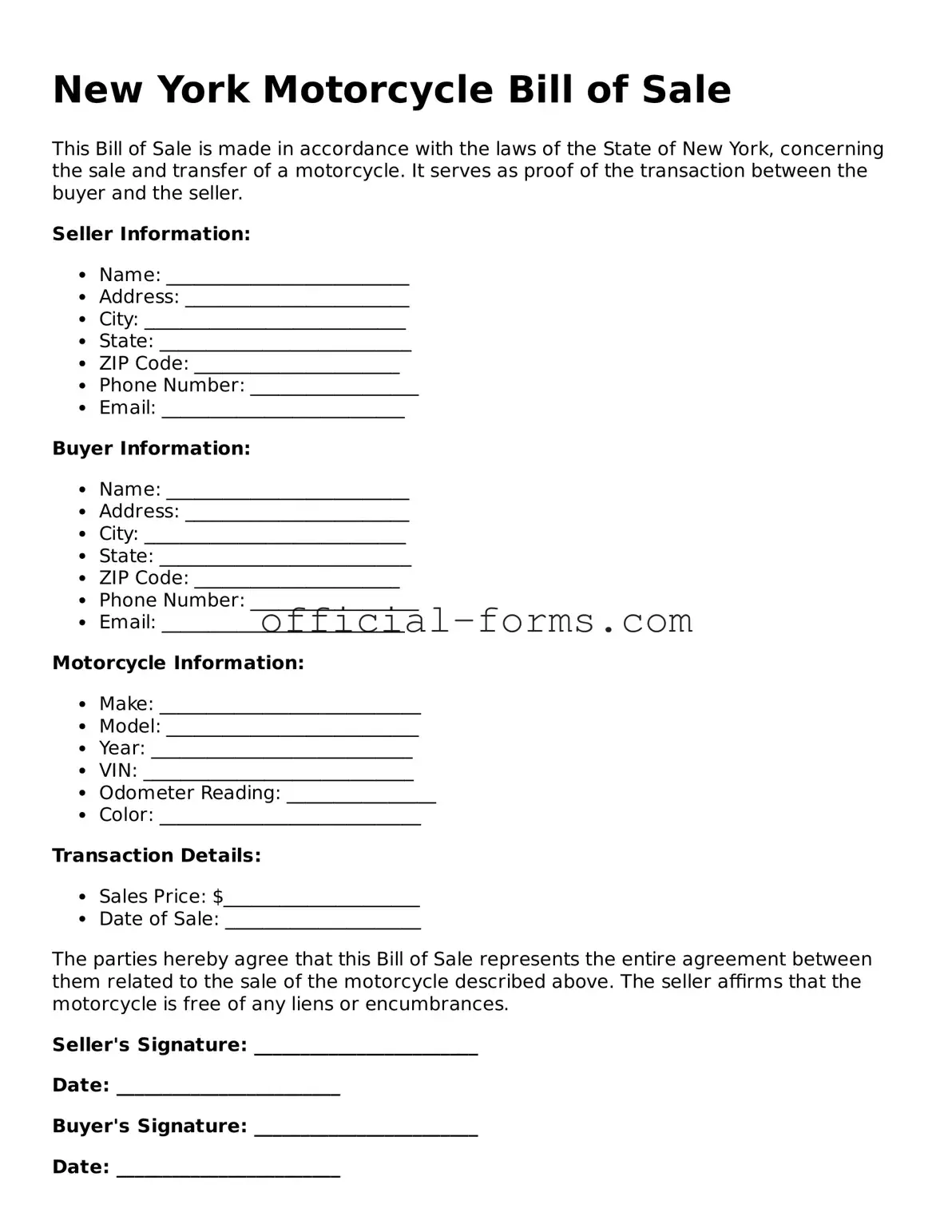 Official New York Motorcycle Bill of Sale Document