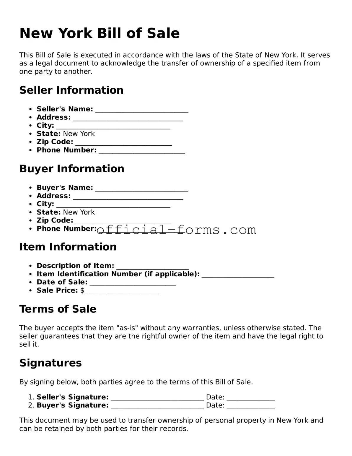 Official New York Bill of Sale Document