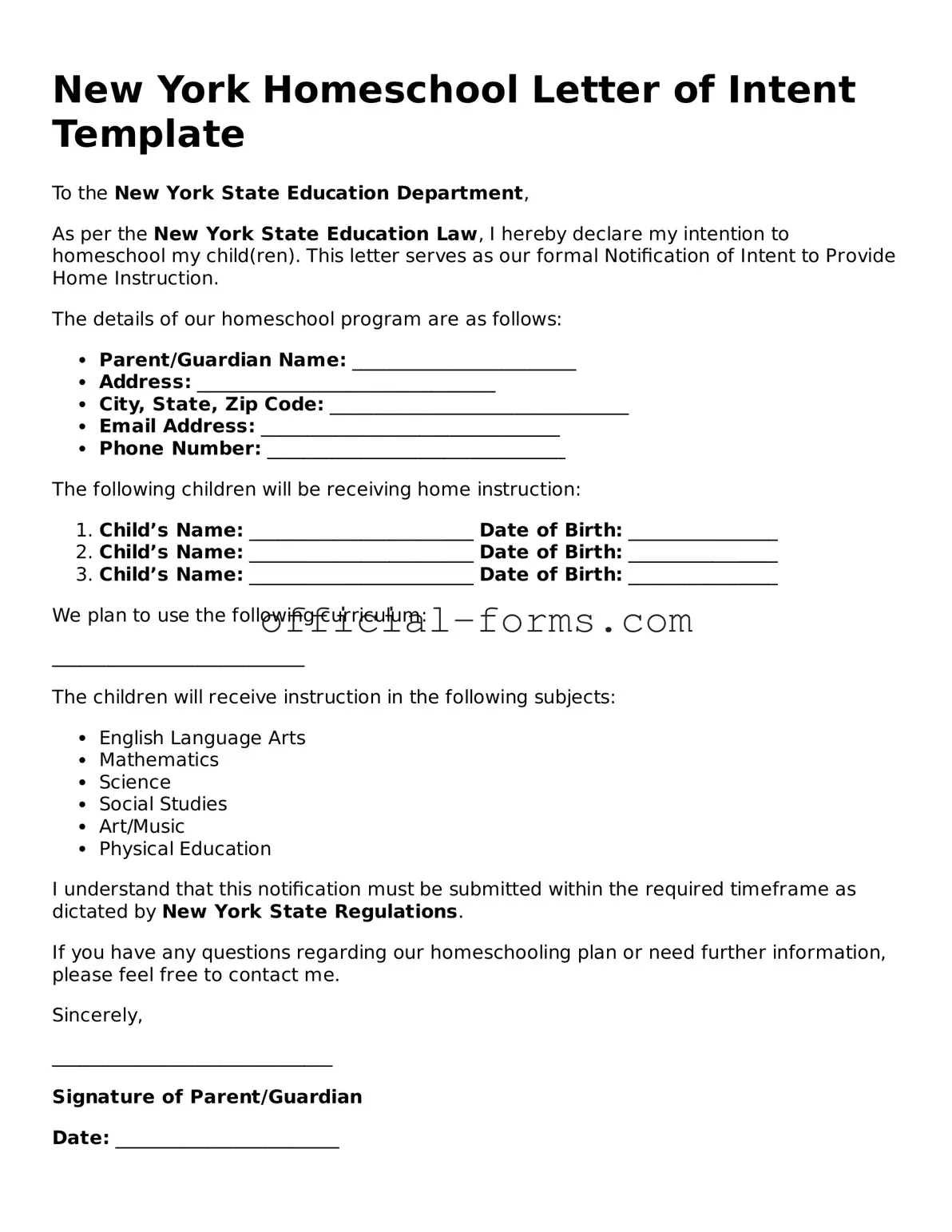 Official New York Homeschool Letter of Intent Document