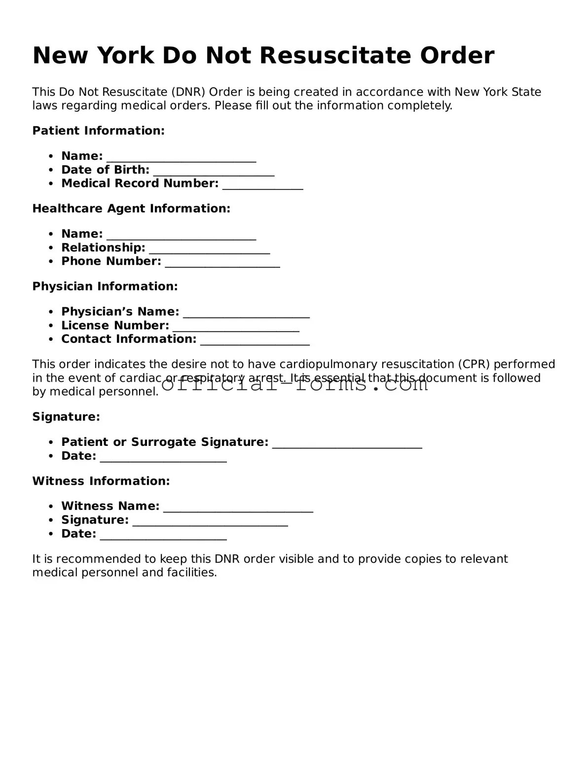 Official New York Do Not Resuscitate Order Document