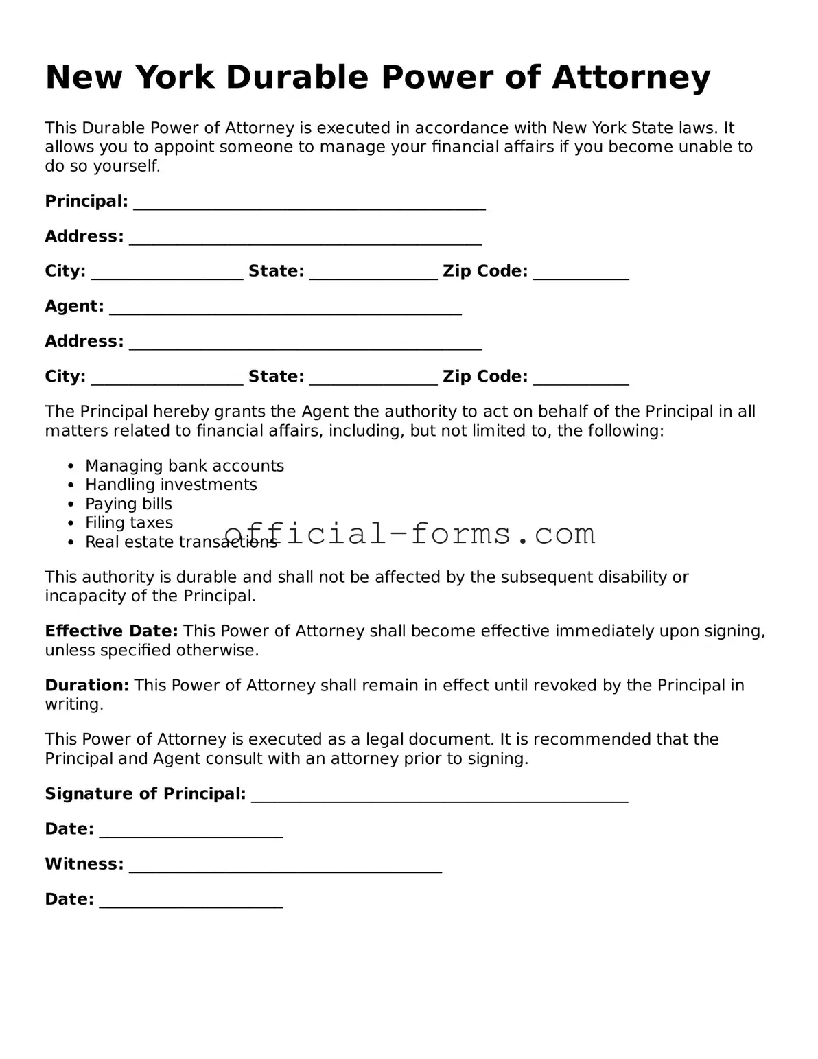 Official New York Durable Power of Attorney Document