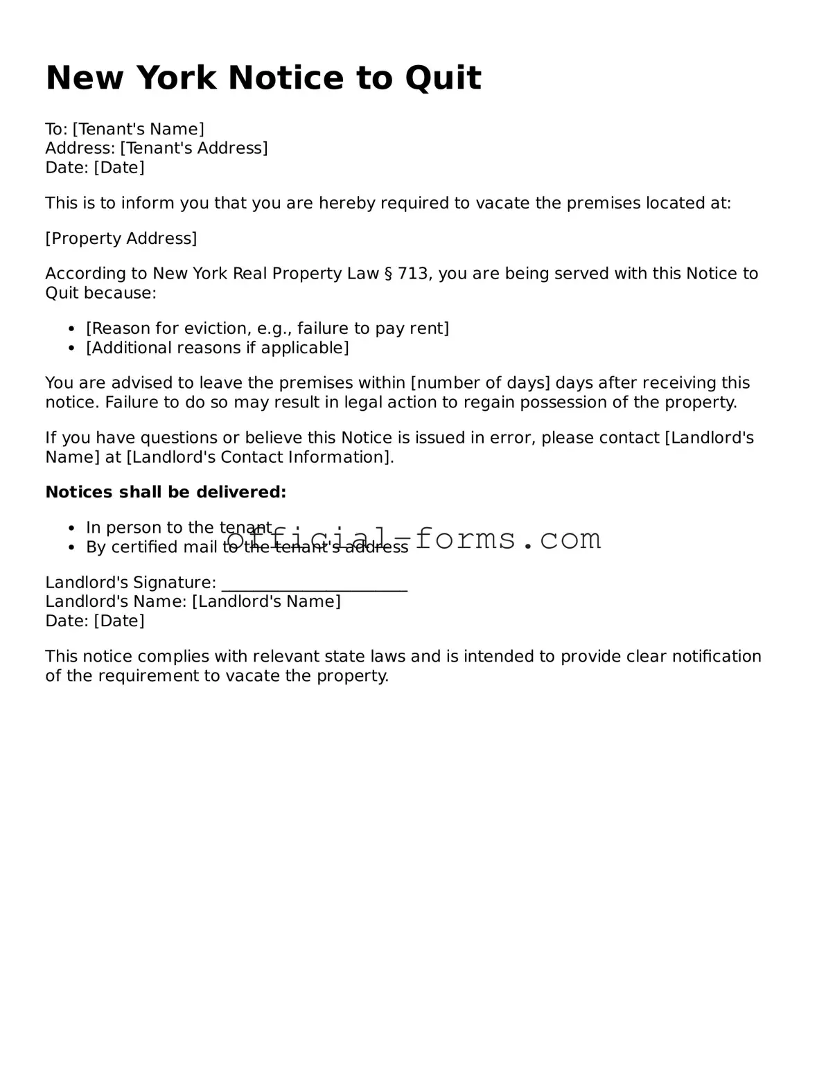 Official New York Notice to Quit Document