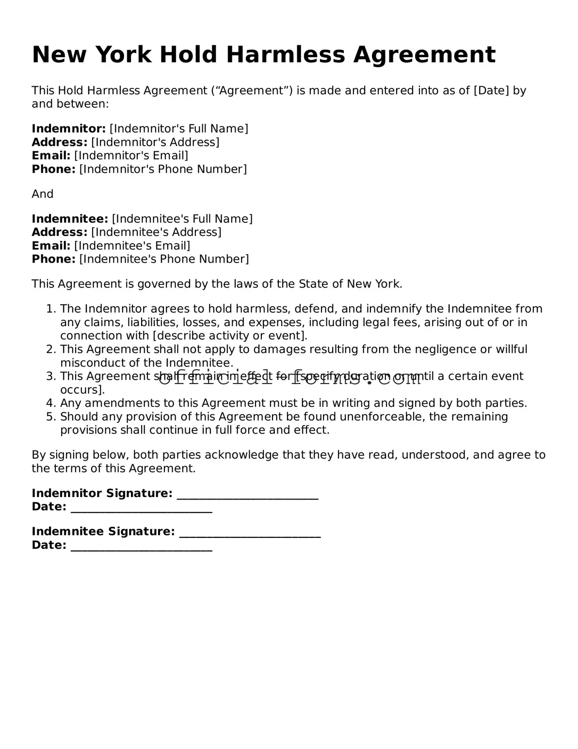 Official New York Hold Harmless Agreement Document