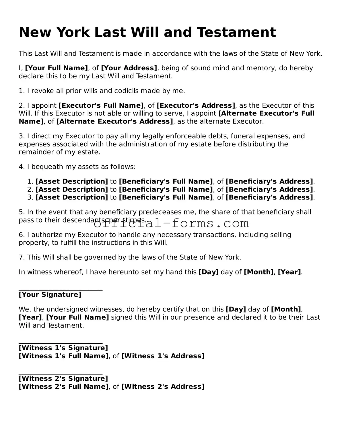 Official New York Last Will and Testament Document