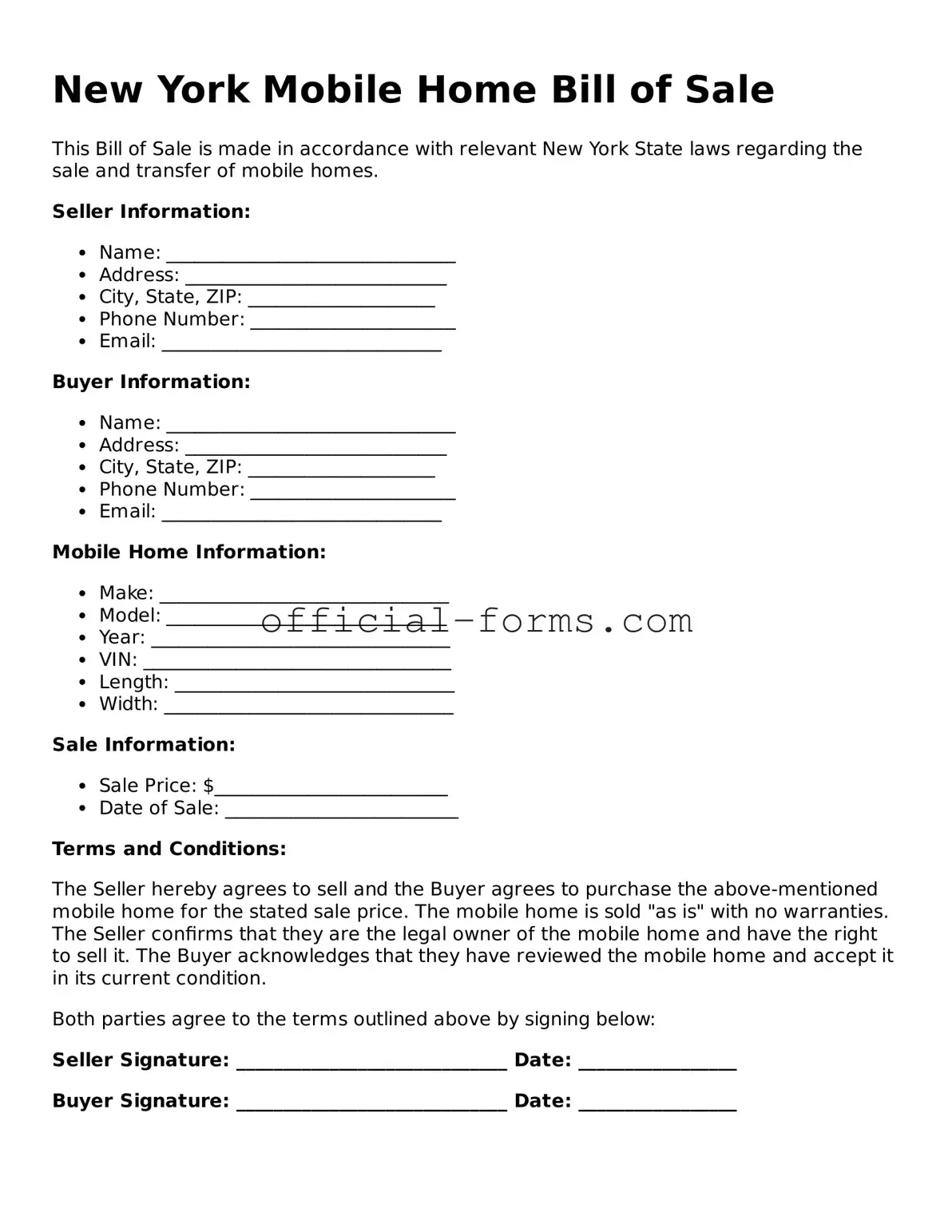 Official New York Mobile Home Bill of Sale Document