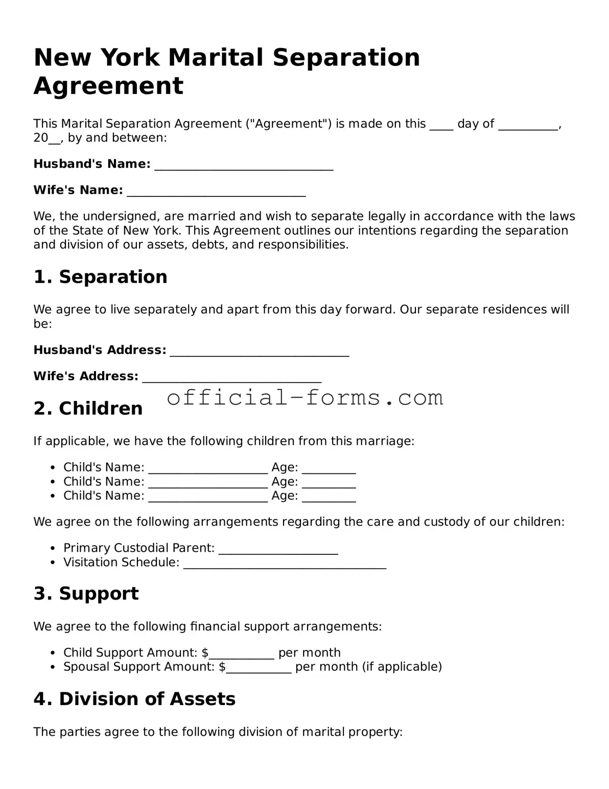 Official New York Marital Separation Agreement Document