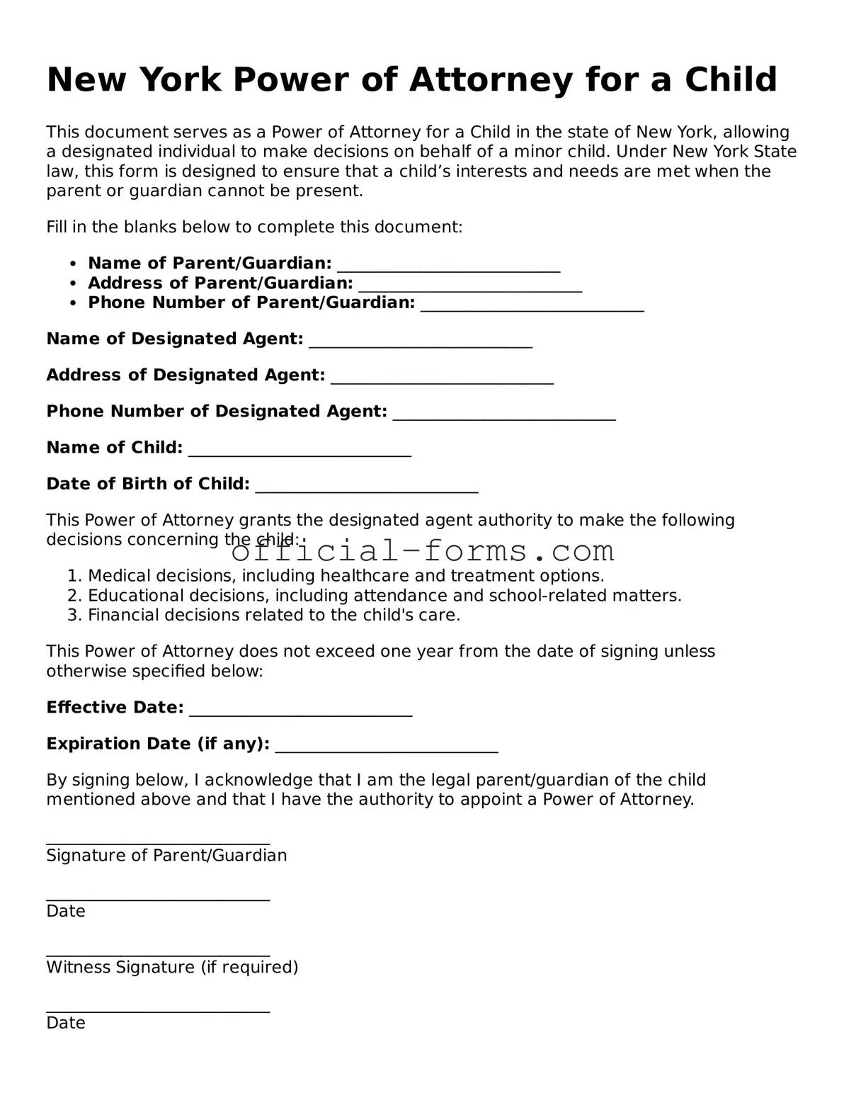 Official New York Power of Attorney for a Child Document