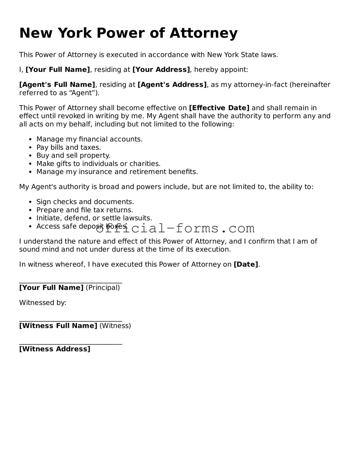 Official New York Power of Attorney Document