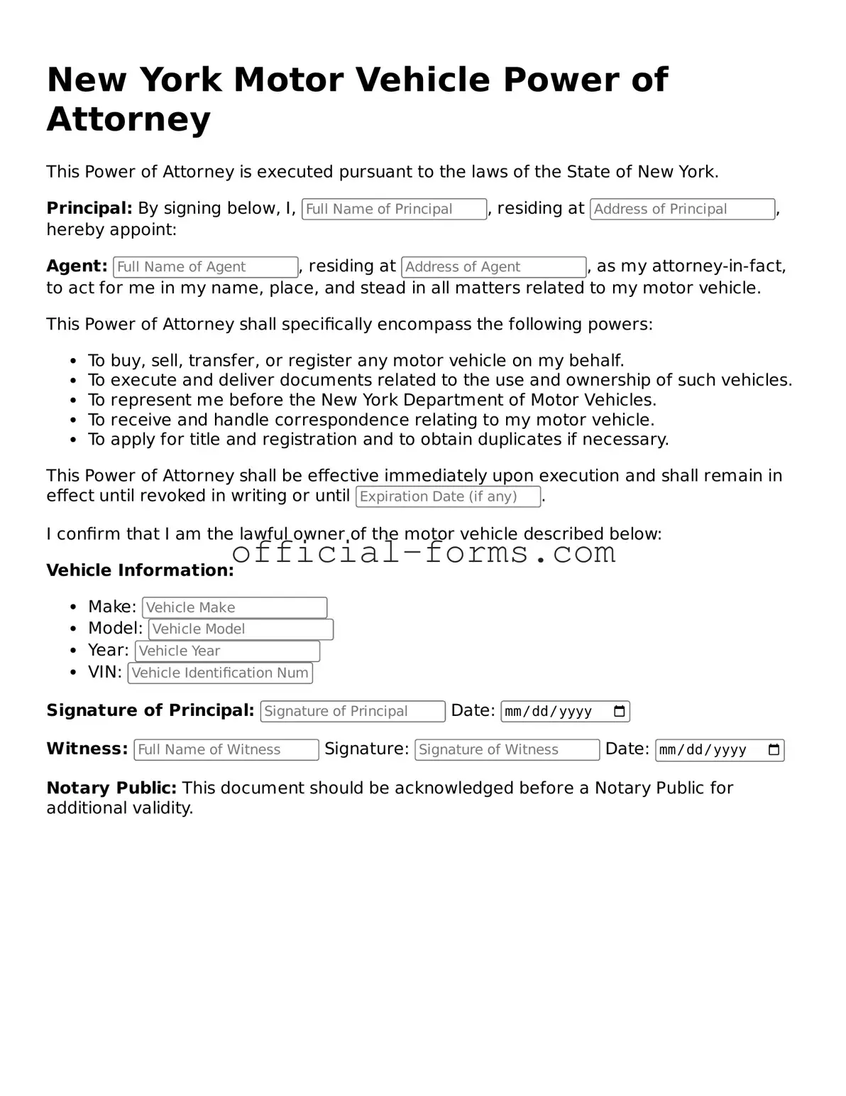 Official New York Motor Vehicle Power of Attorney Document