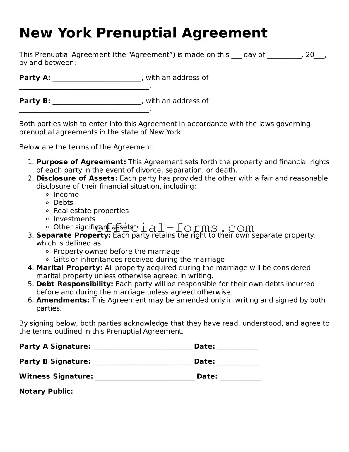 Official New York Prenuptial Agreement Document