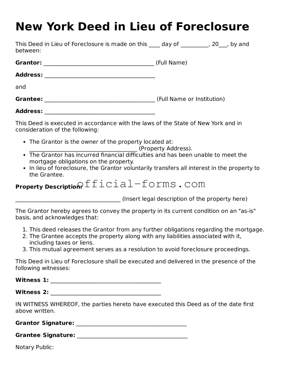 Official New York Deed in Lieu of Foreclosure Document