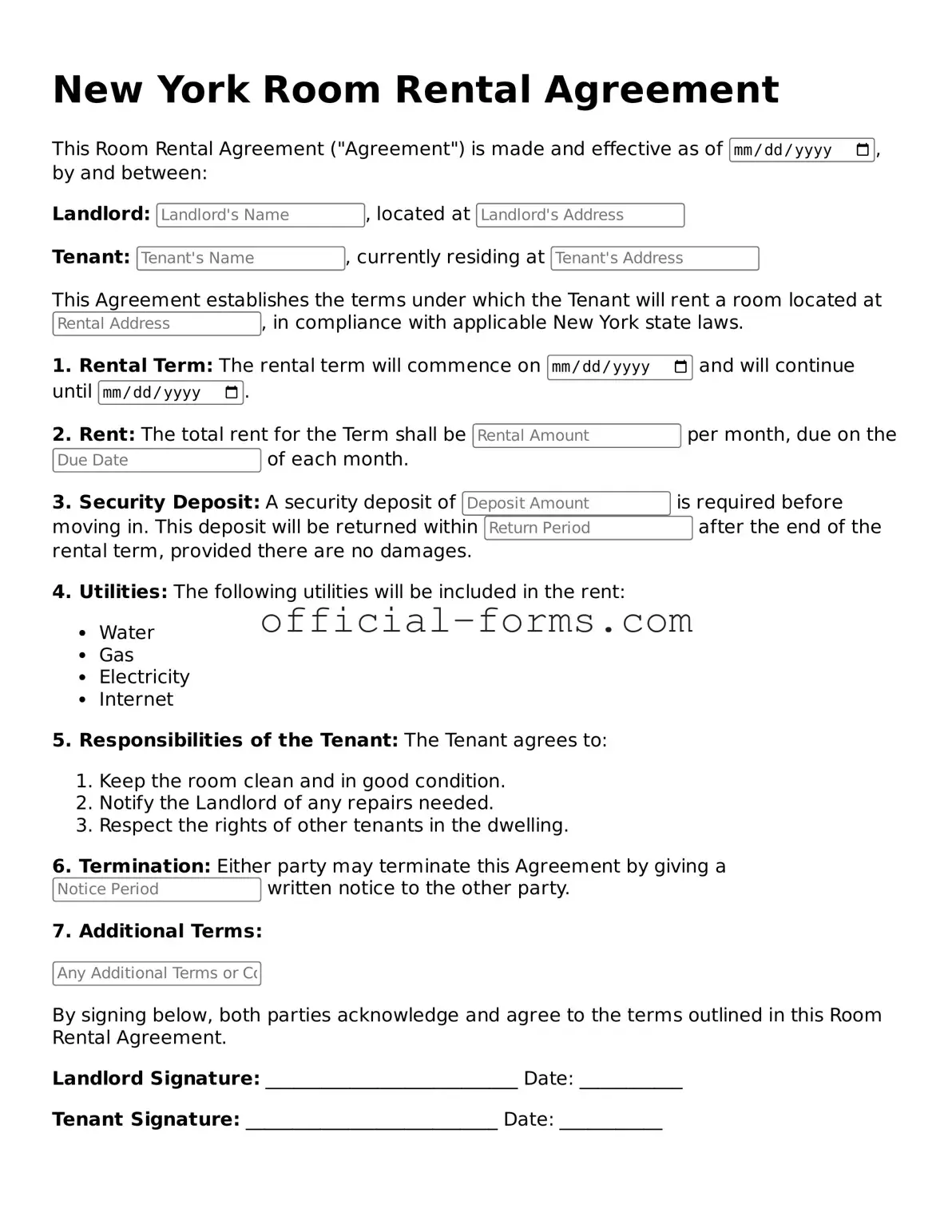 Official New York Room Rental Agreement Document