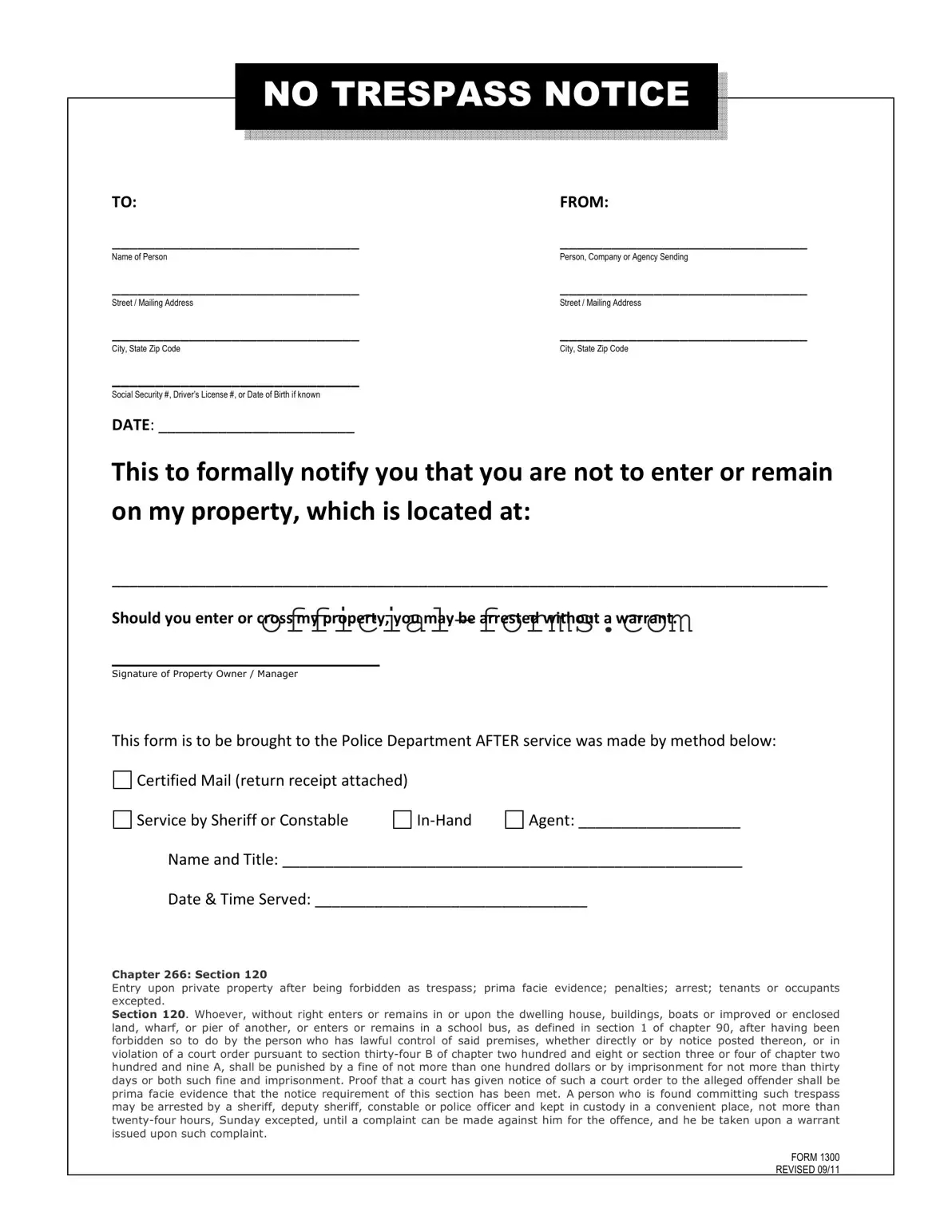 Blank No Trespassing Letter Form