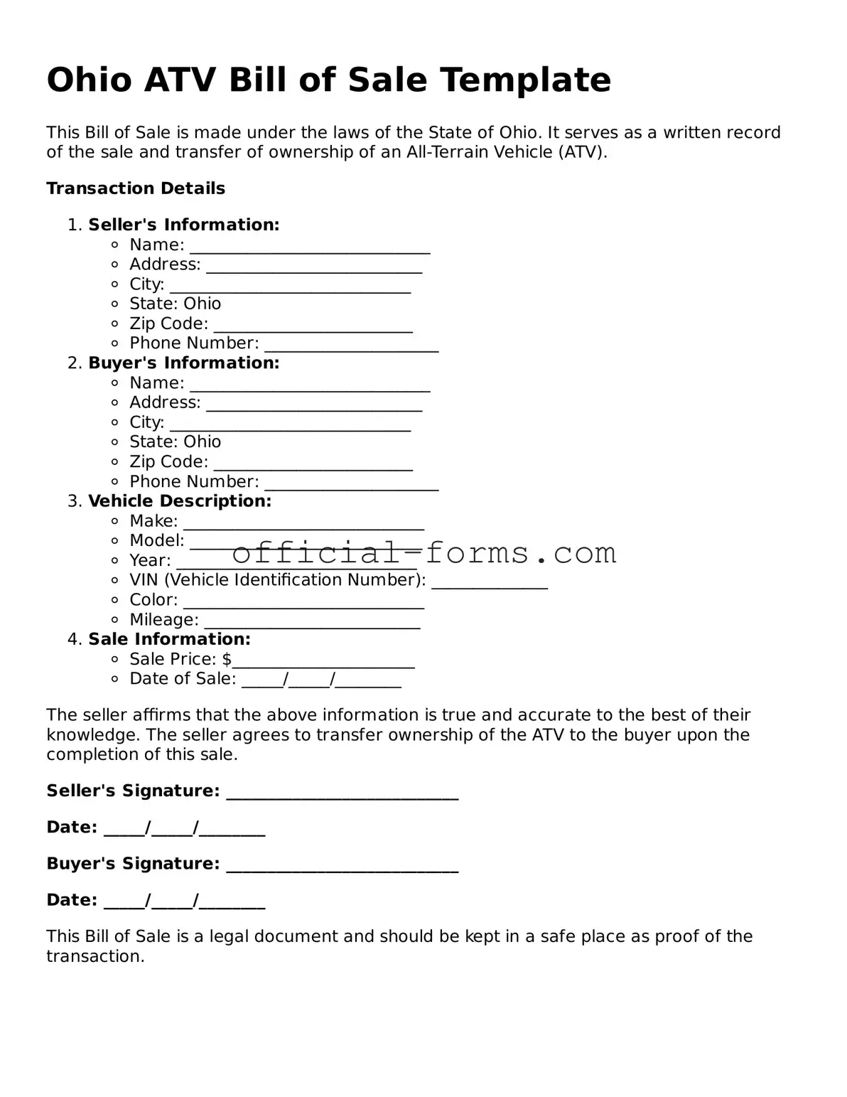 Official Ohio ATV Bill of Sale Document