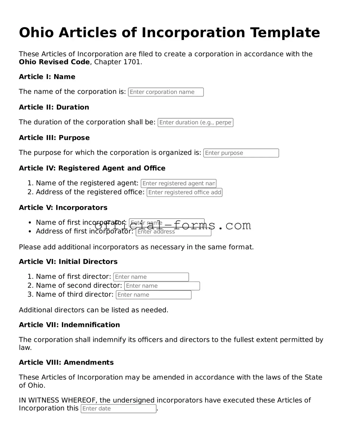 Official Ohio Articles of Incorporation Document