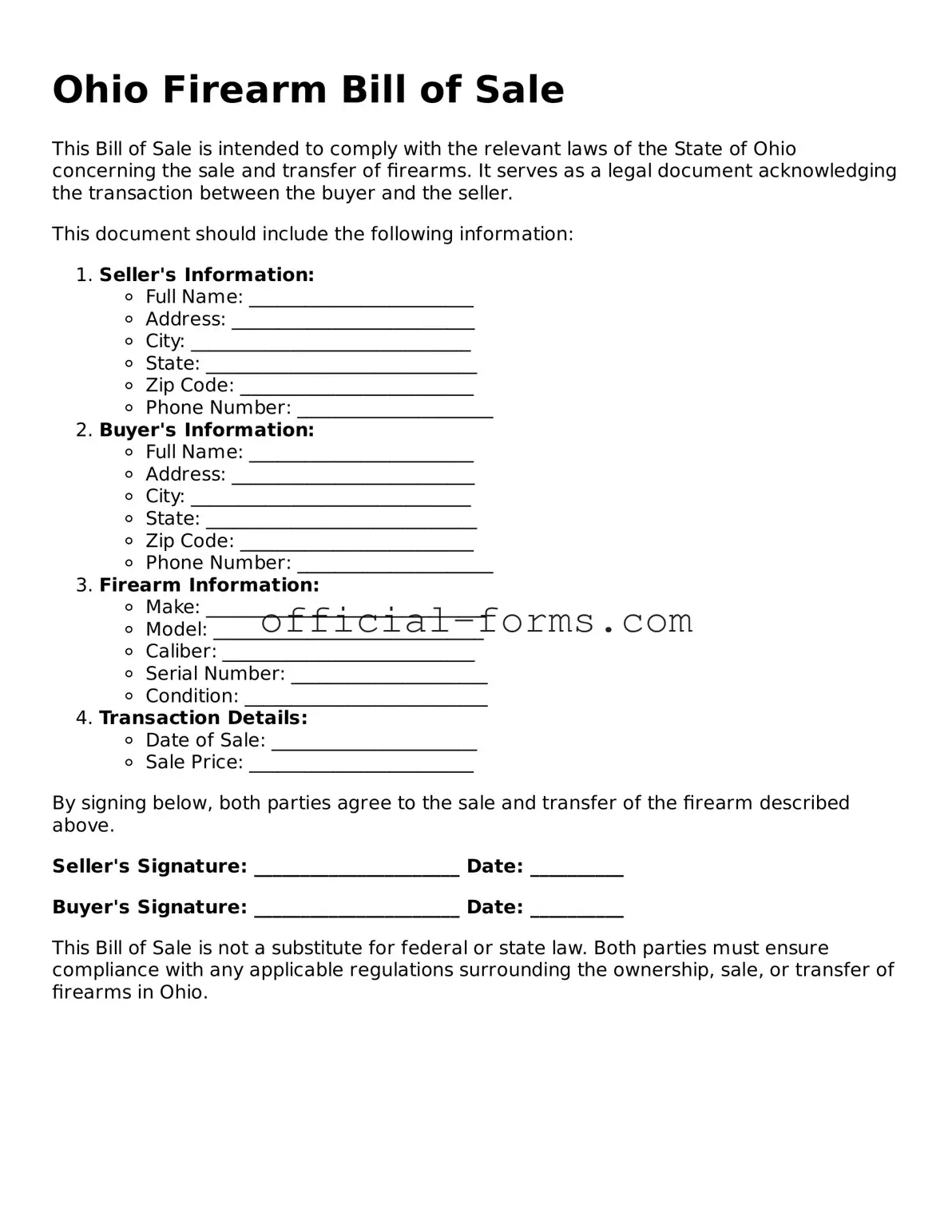 Official Ohio Firearm Bill of Sale Document