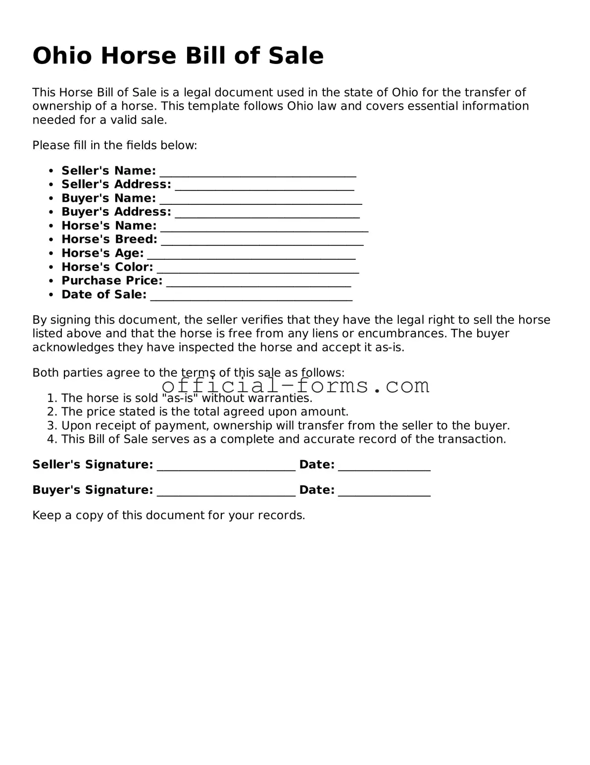 Official Ohio Horse Bill of Sale Document