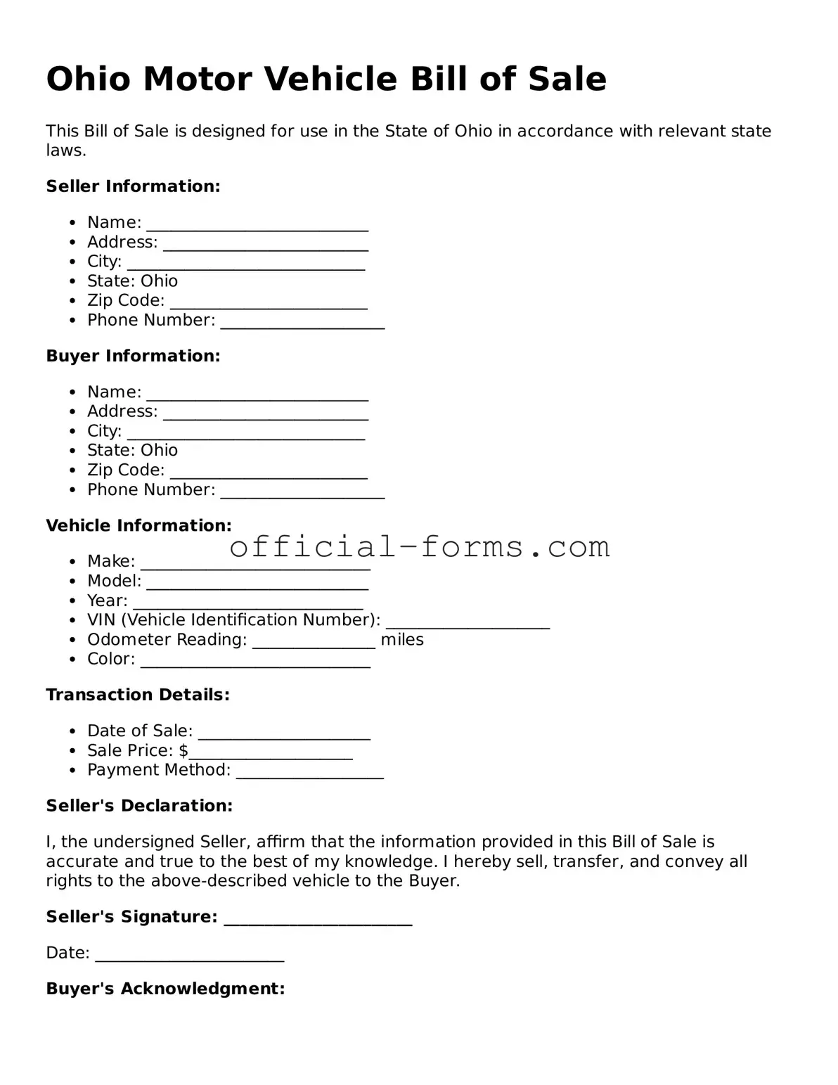 Official Ohio Motor Vehicle Bill of Sale Document