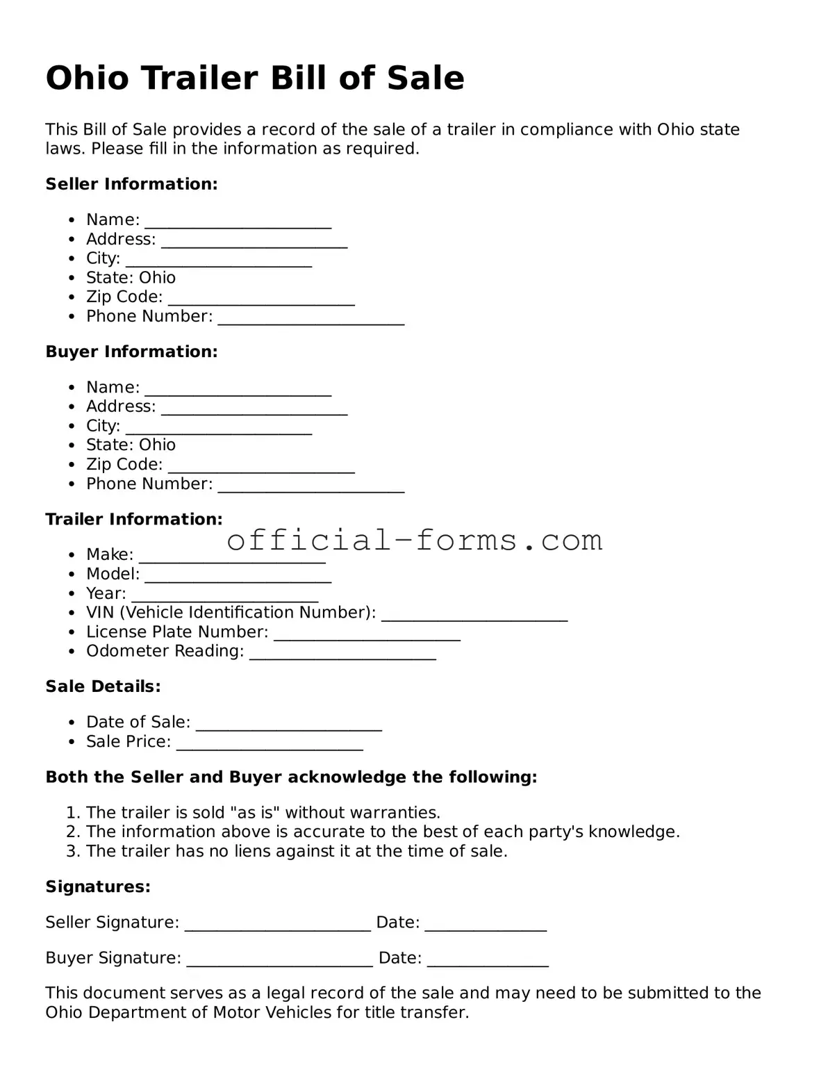 Official Ohio Trailer Bill of Sale Document