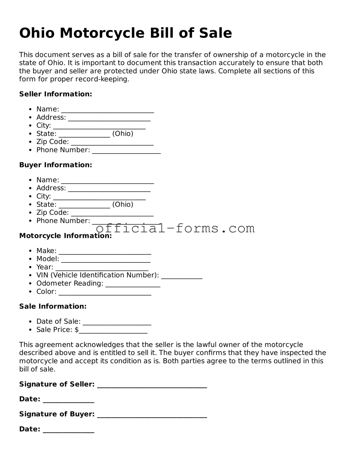 Official Ohio Motorcycle Bill of Sale Document