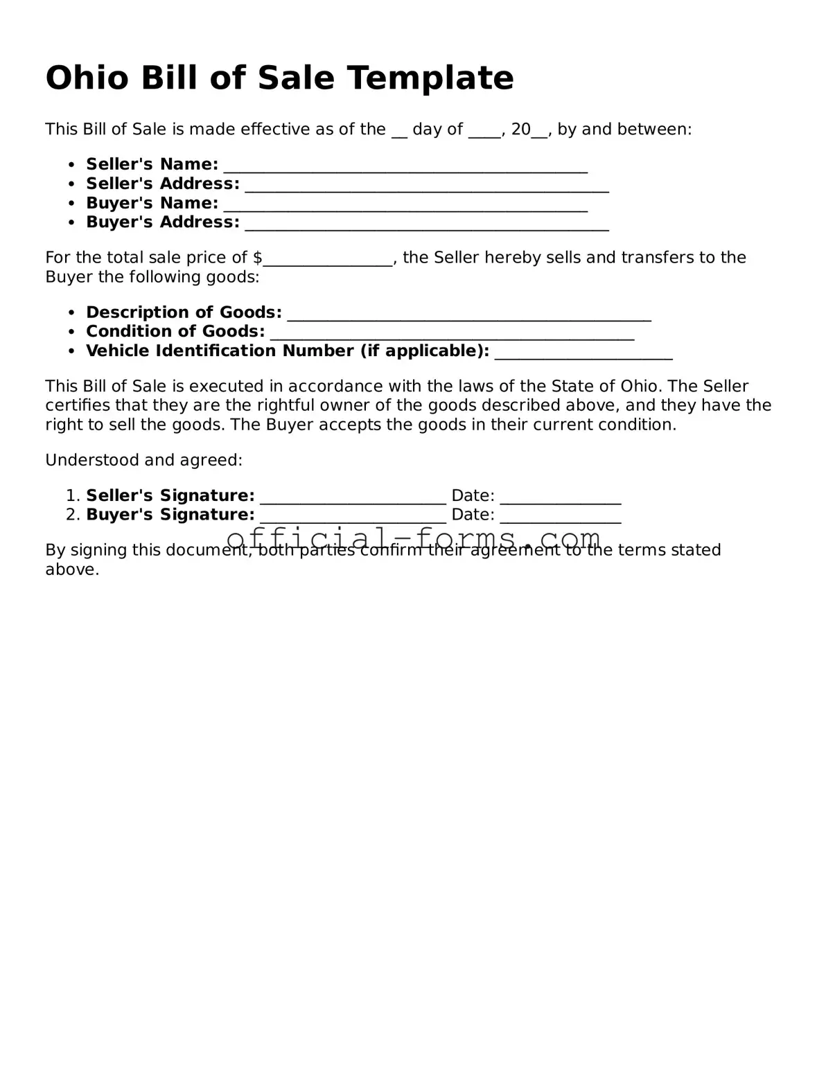 Official Ohio Bill of Sale Document