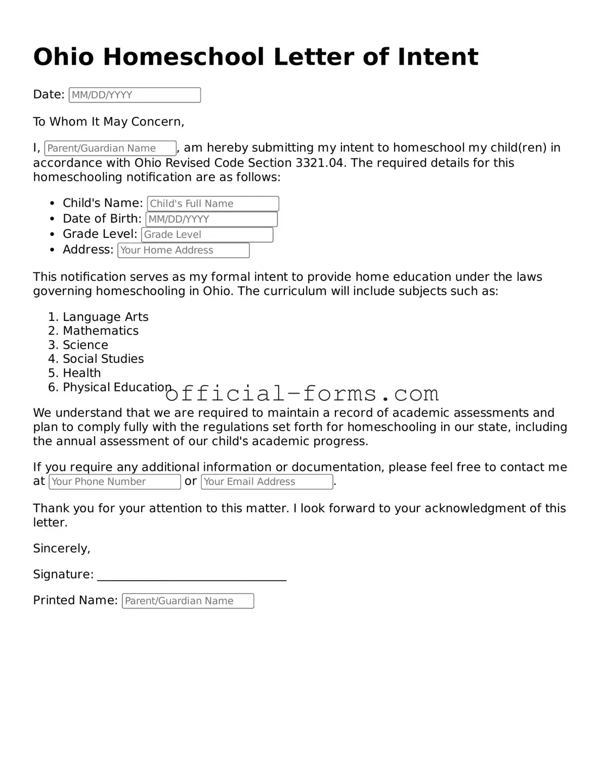 Official Ohio Homeschool Letter of Intent Document