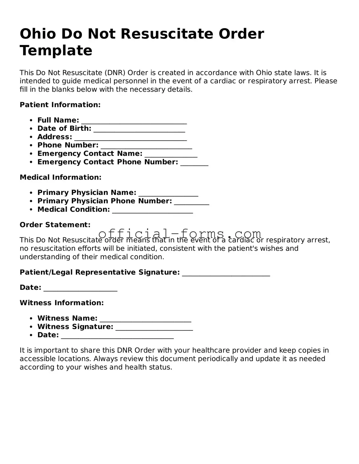 Official Ohio Do Not Resuscitate Order Document