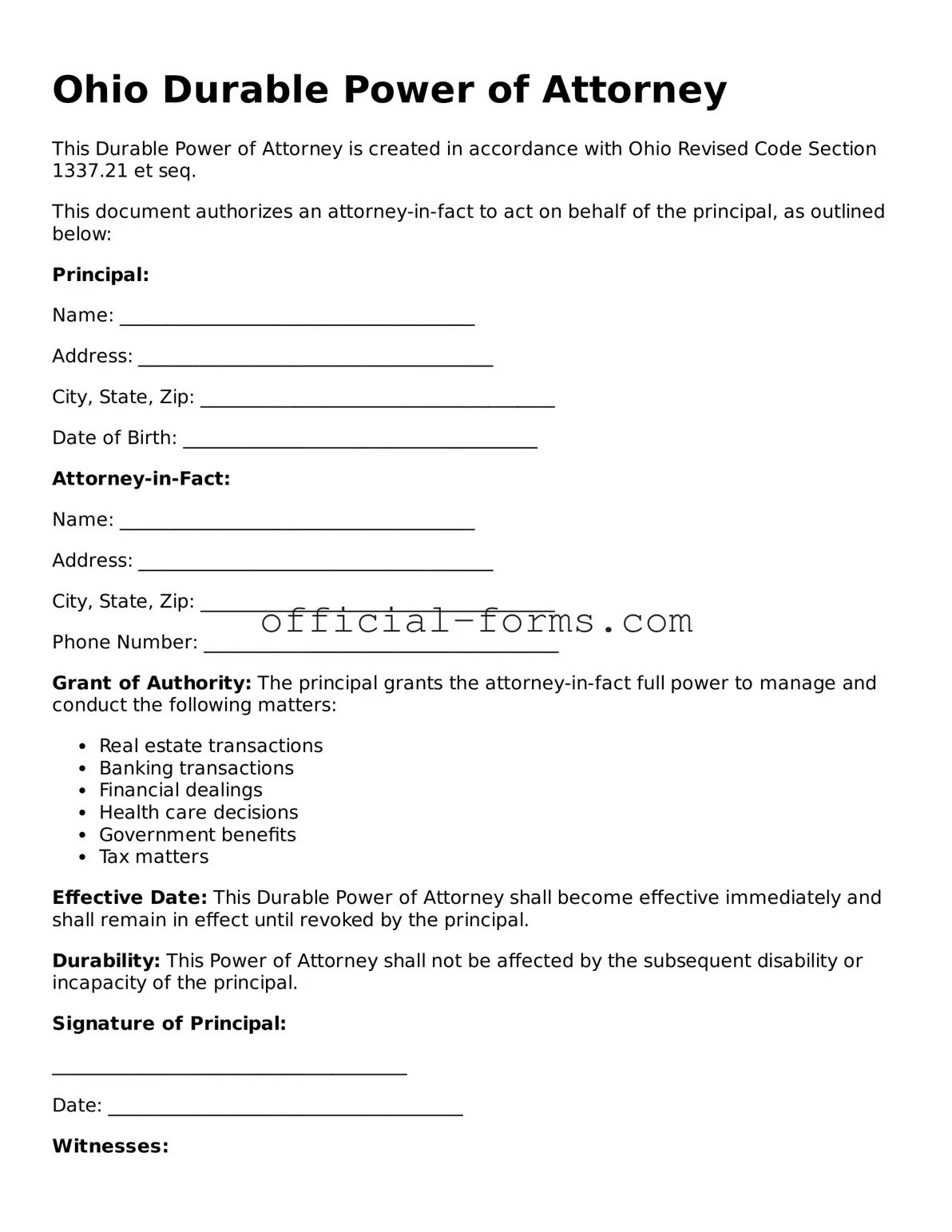 Official Ohio Durable Power of Attorney Document