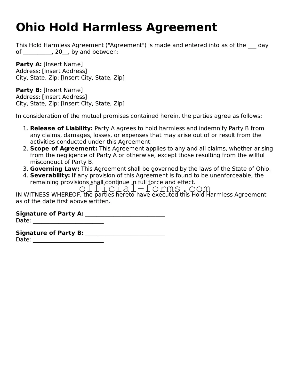 Official Ohio Hold Harmless Agreement Document
