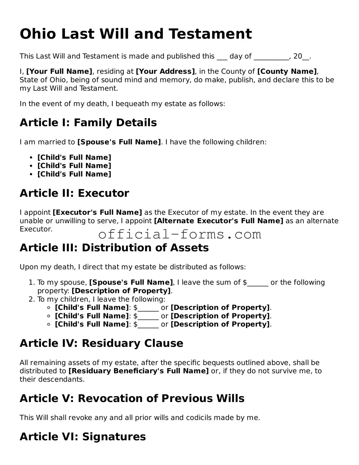 Official Ohio Last Will and Testament Document