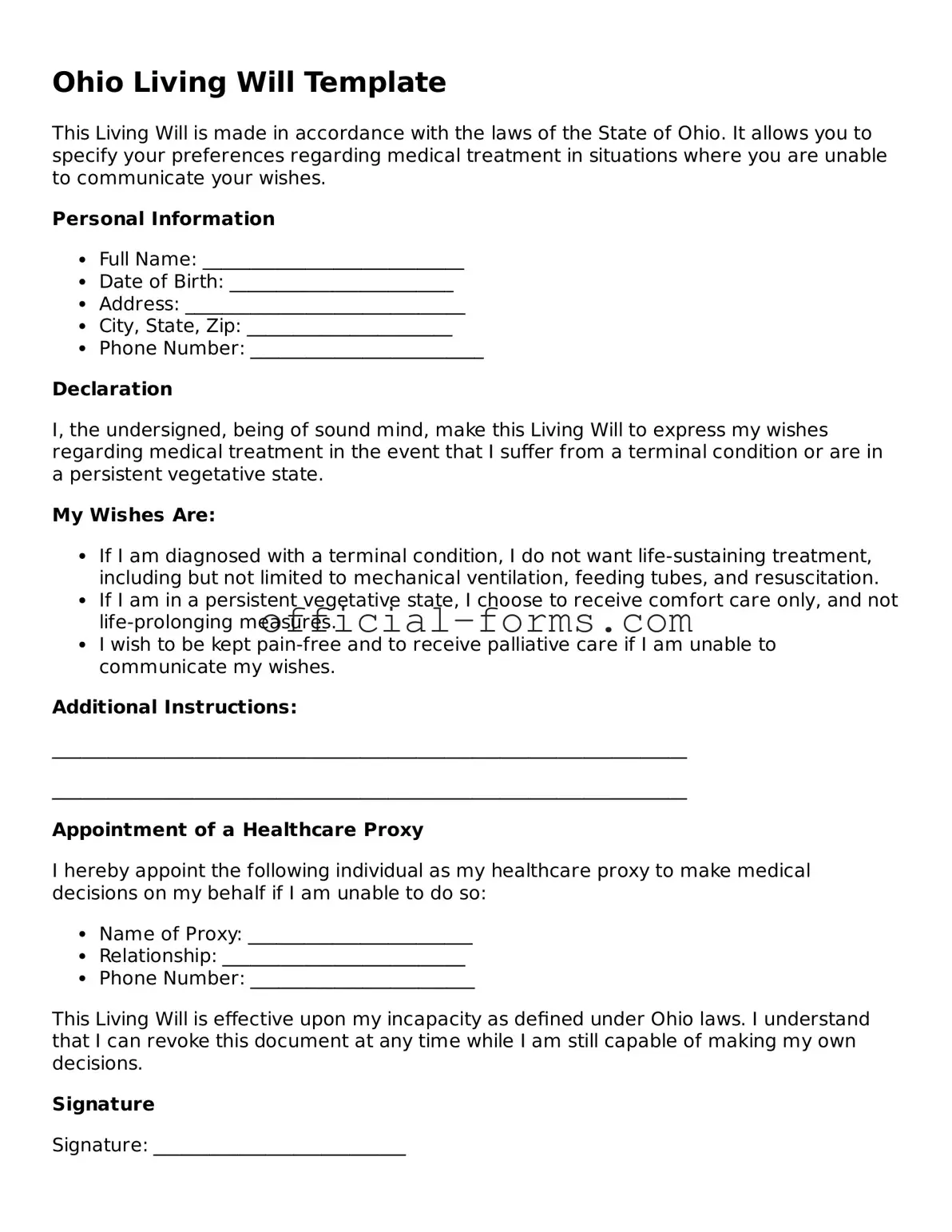Official Ohio Living Will Document
