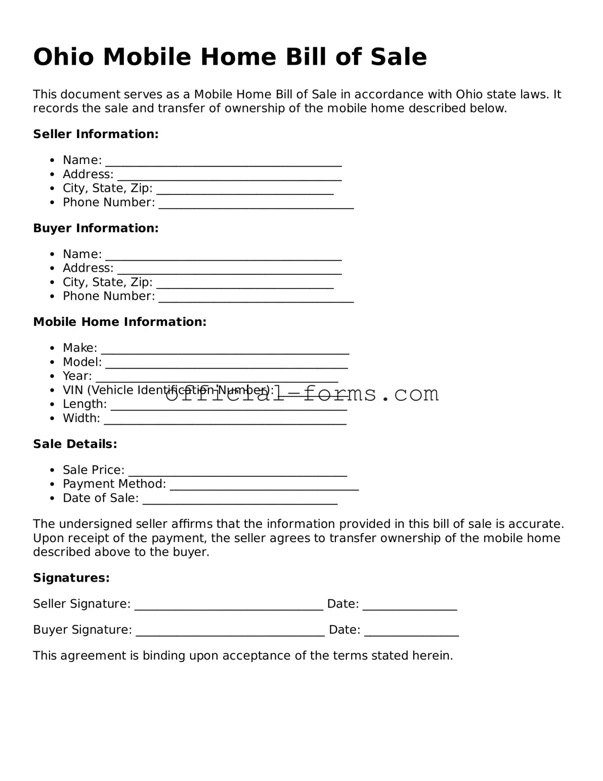 Official Ohio Mobile Home Bill of Sale Document