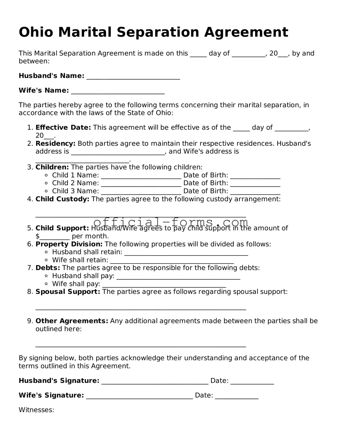 Official Ohio Marital Separation Agreement Document