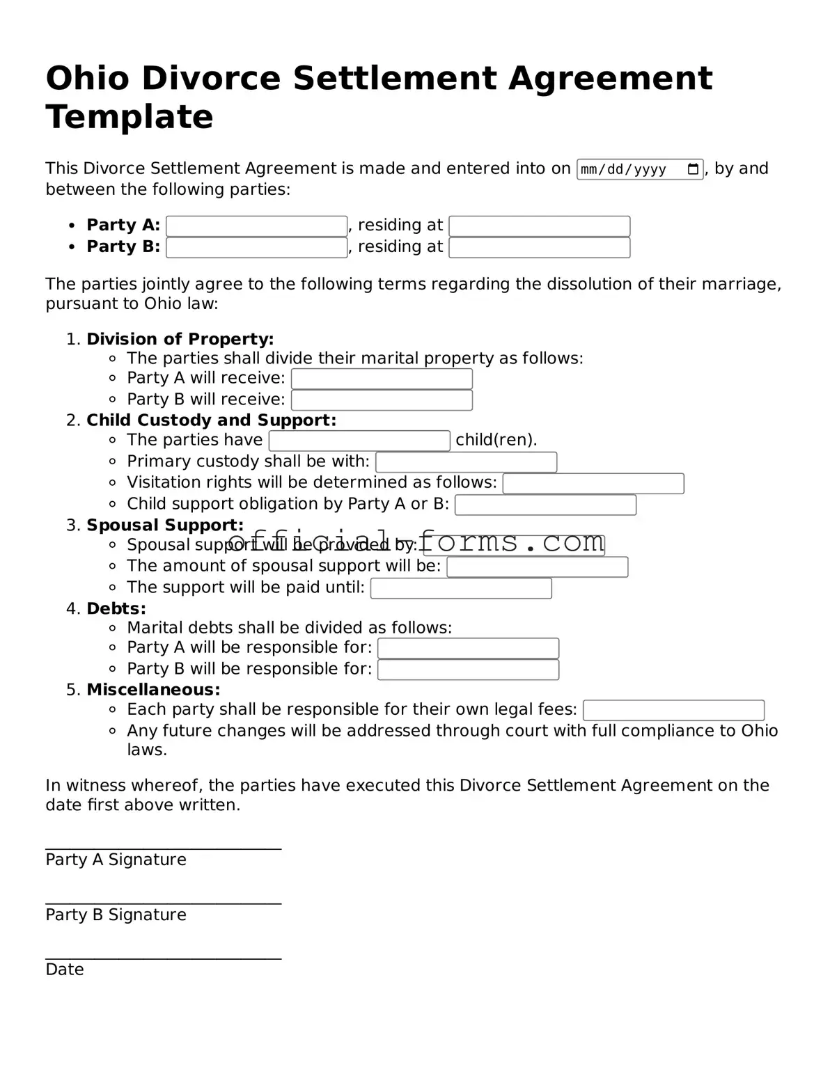 Official Ohio Divorce Settlement Agreement Document