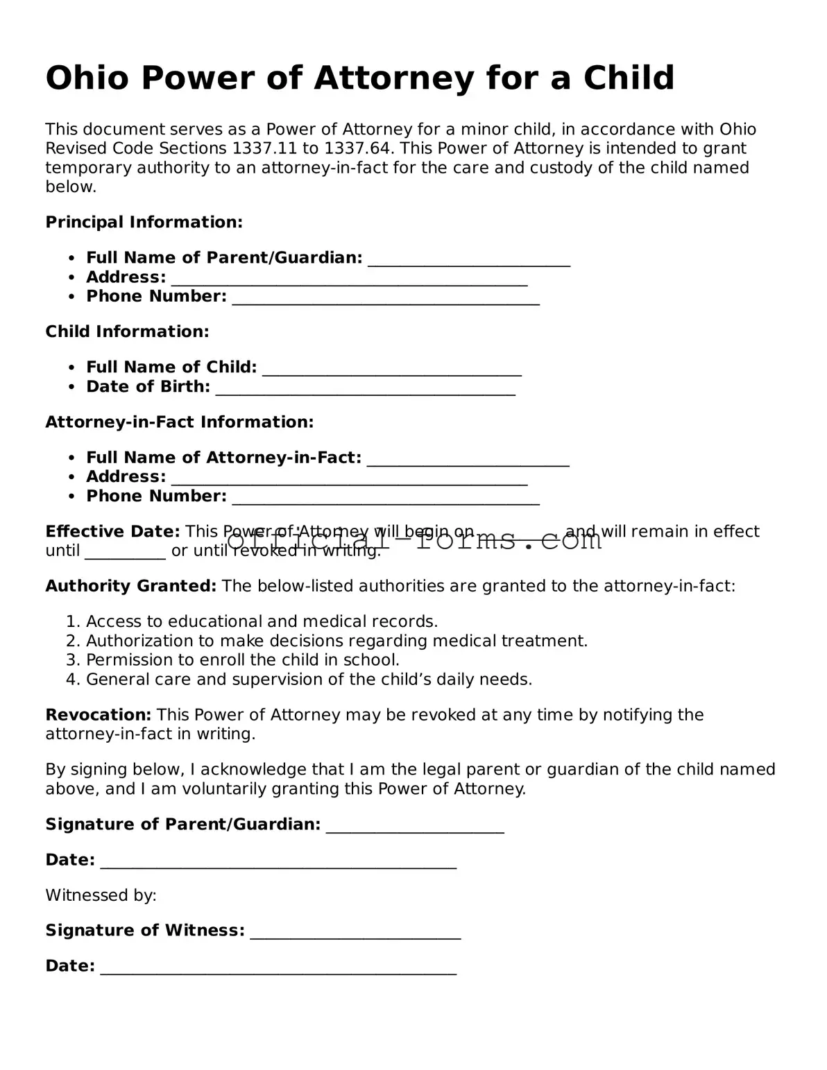 Official Ohio Power of Attorney for a Child Document
